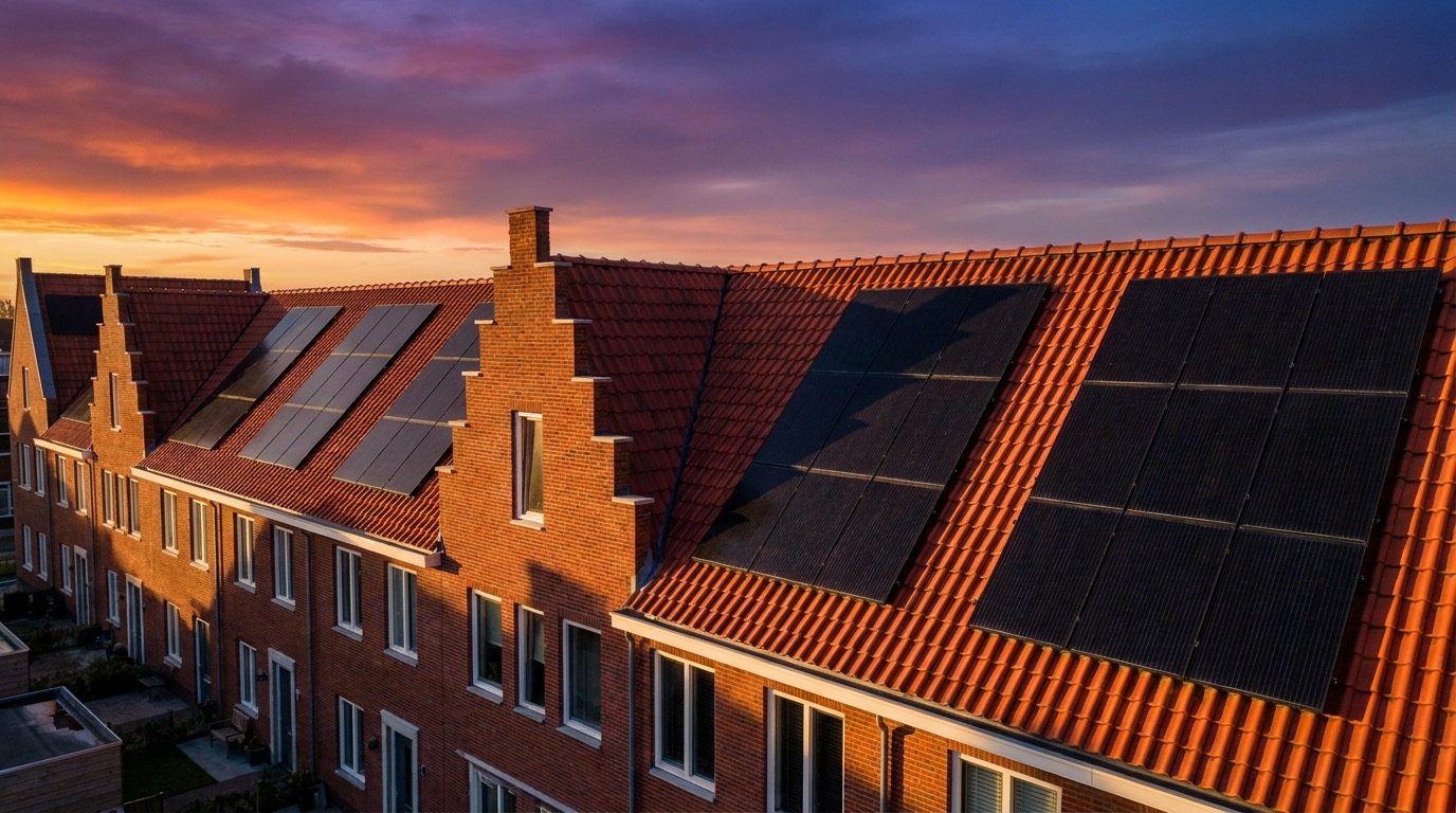 Rij Nederlandse woningen met zonnepanelen op de pannendaken, gefotografeerd bij zonsondergang