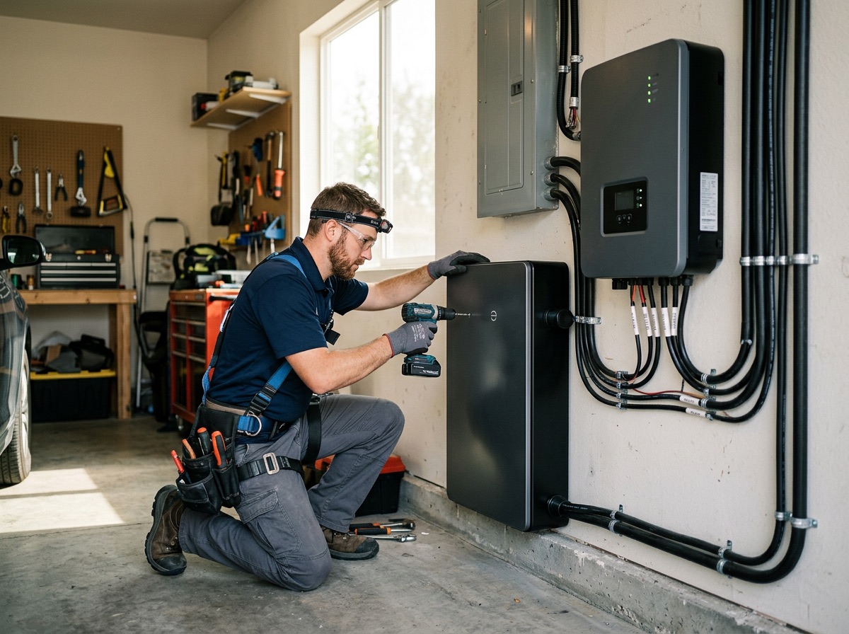 Monteur installeert een thuisbatterij naast de omvormer in de garage