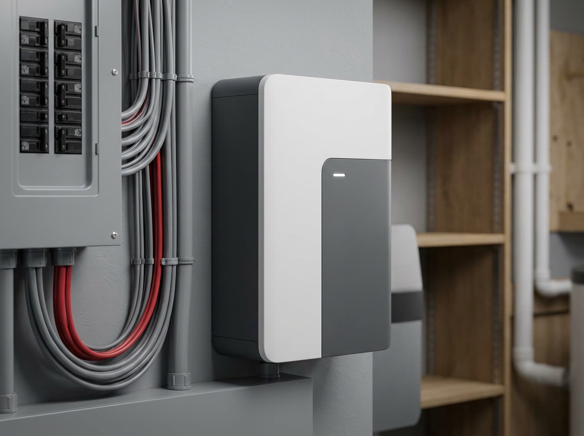 Moderne thuisbatterij aan de wand in de meterkast, naast de groepenkast