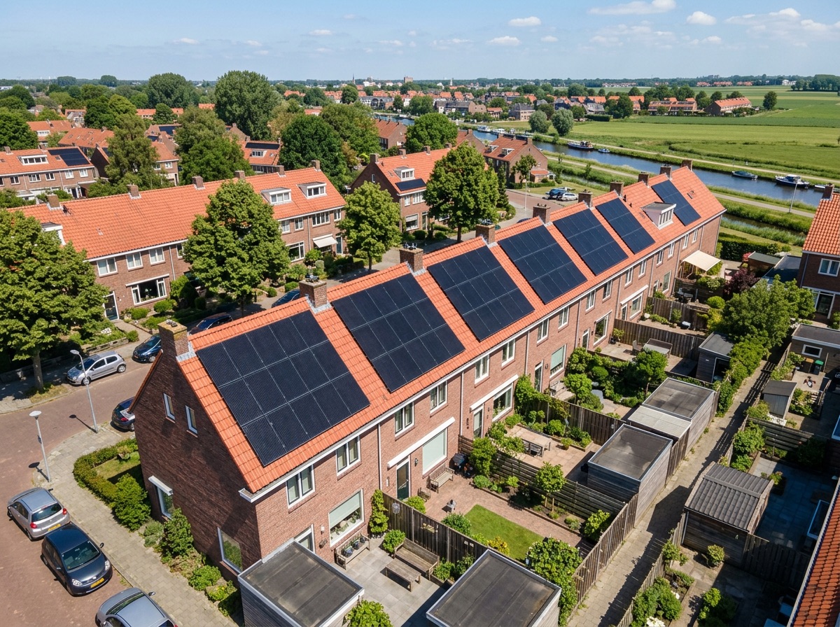Luchtfoto van zonnepanelen op rijtjeshuizen met een pannendak